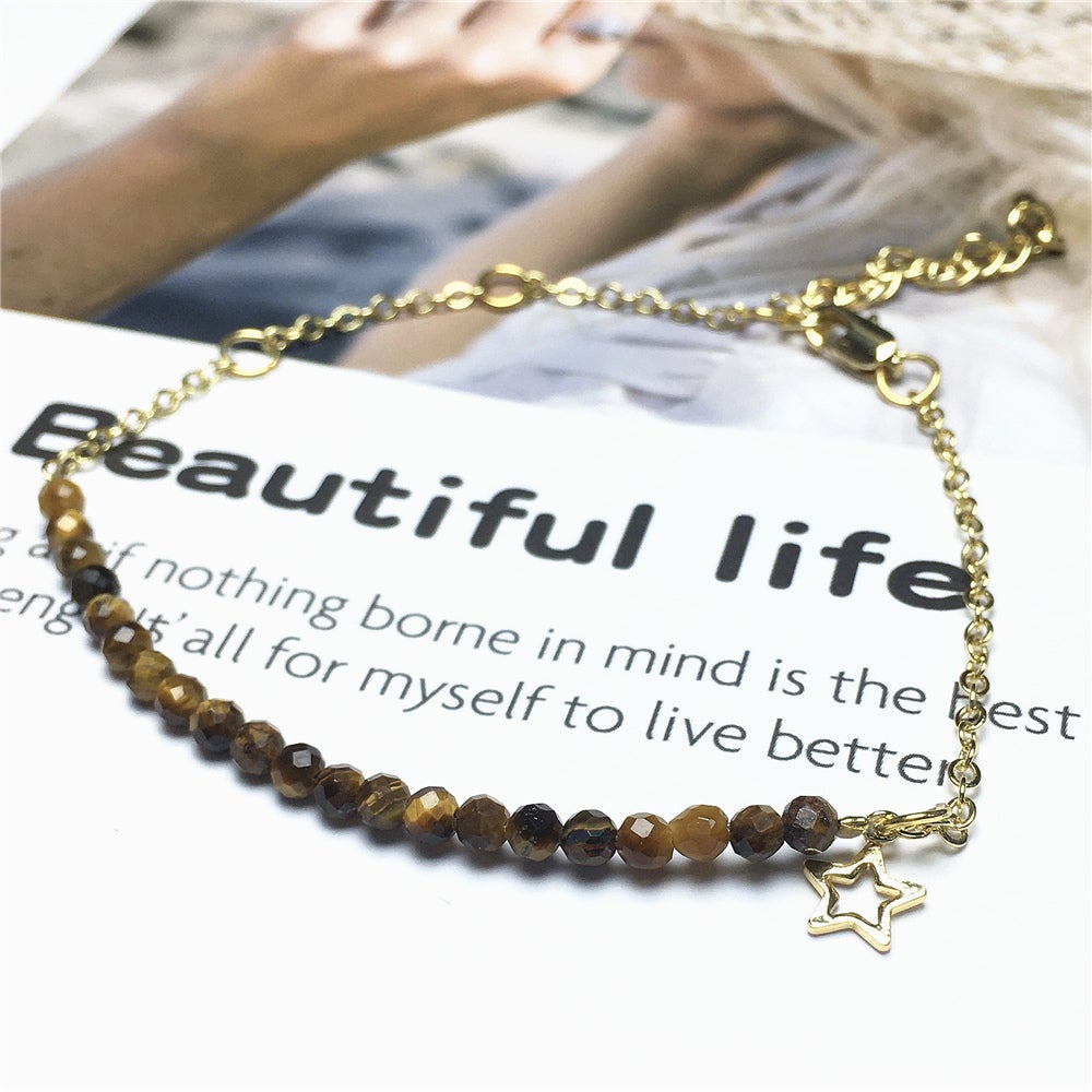 Tiger Eyes Gemstone Adjustable Bracelet Tiny Beads Gemstone Gold Plated Chain Linked Bracelet for Women