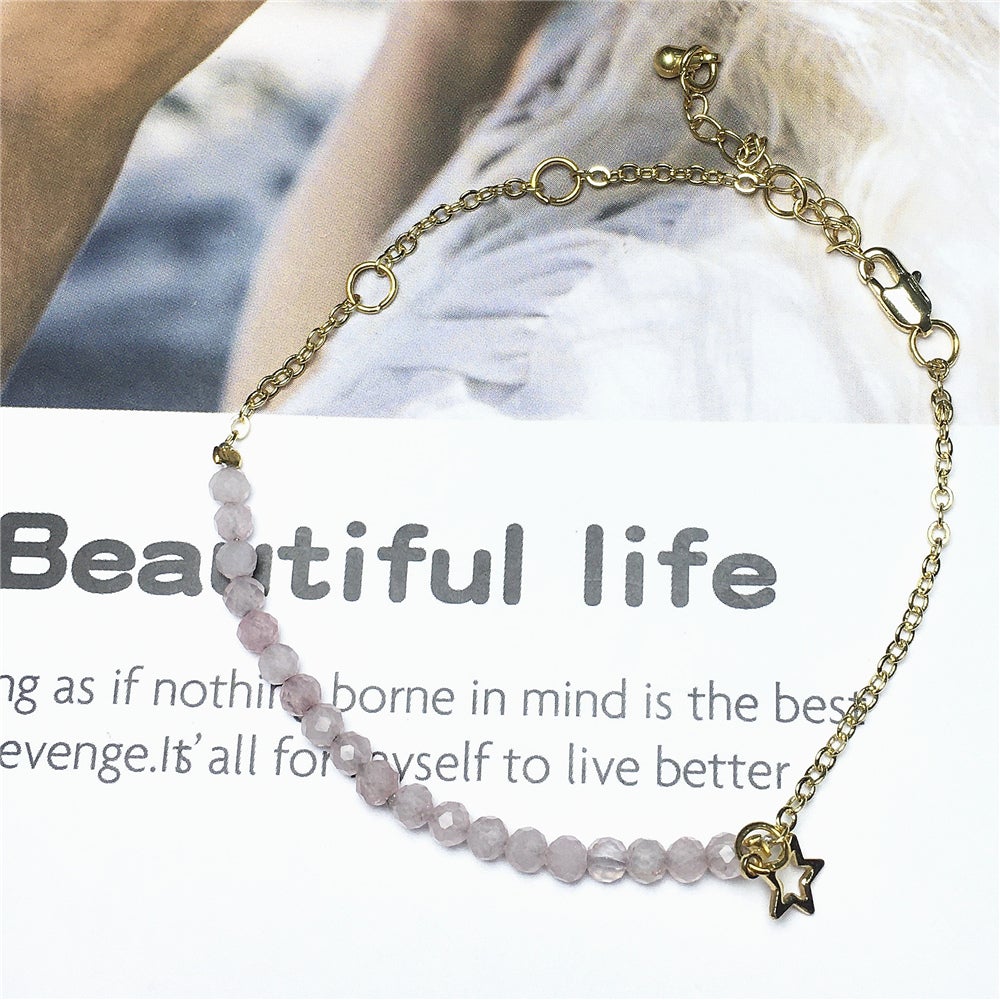 Rose Quartz Gemstone Adjustable Bracelet Tiny Beads Gemstone Gold Plated Chain Linked Bracelet for Women