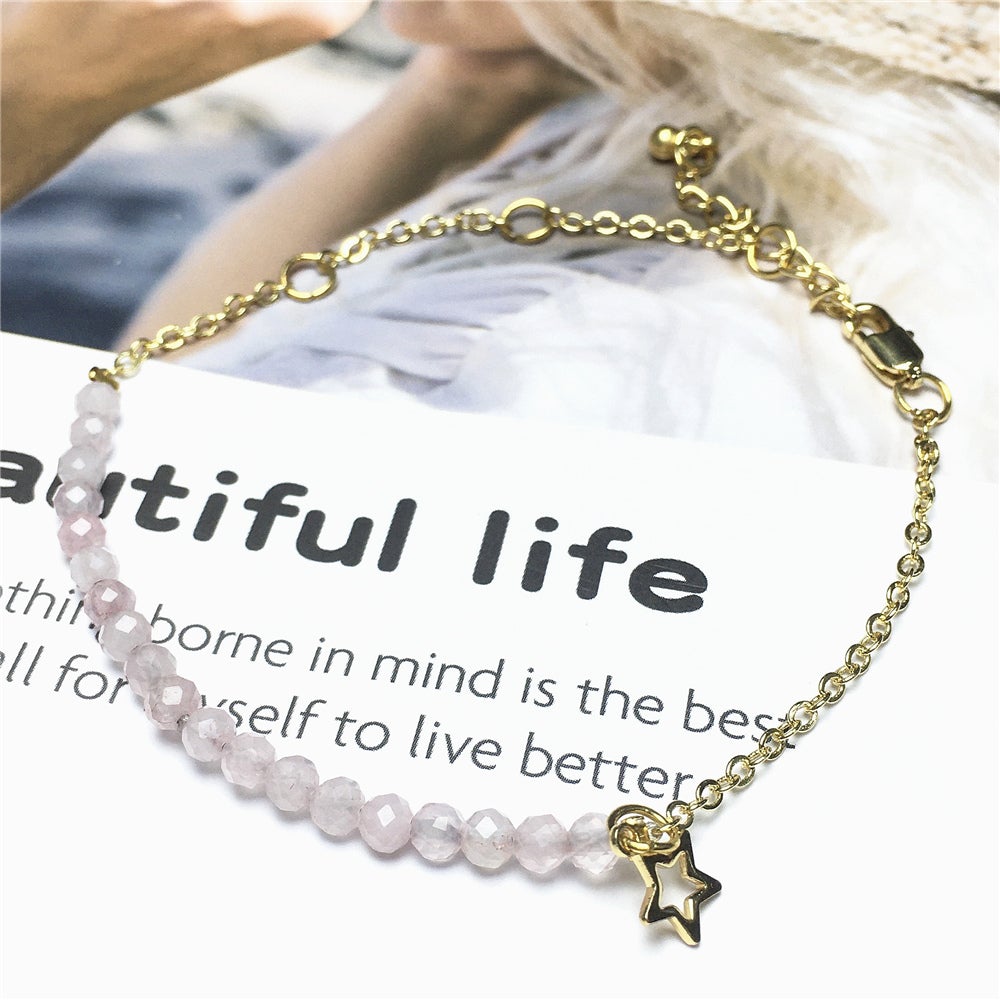 Rose Quartz Gemstone Adjustable Bracelet Tiny Beads Gemstone Gold Plated Chain Linked Bracelet for Women