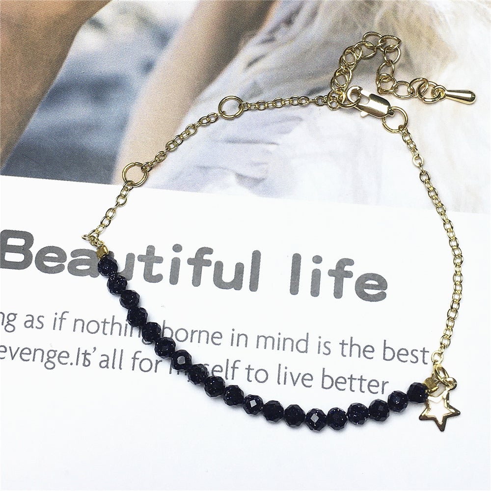 Blue Sandstone Gemstone Adjustable Bracelet Tiny Beads Gemstone Gold Plated Chain Linked Bracelet for Women