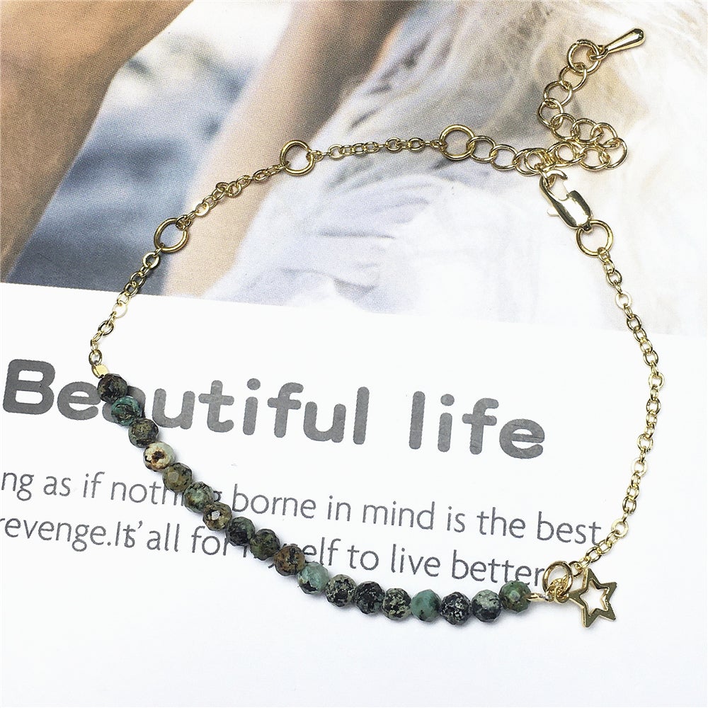 African Turquoise Gemstone Adjustable Bracelet Tiny Beads Gemstone Gold Plated Chain Linked Bracelet for Women