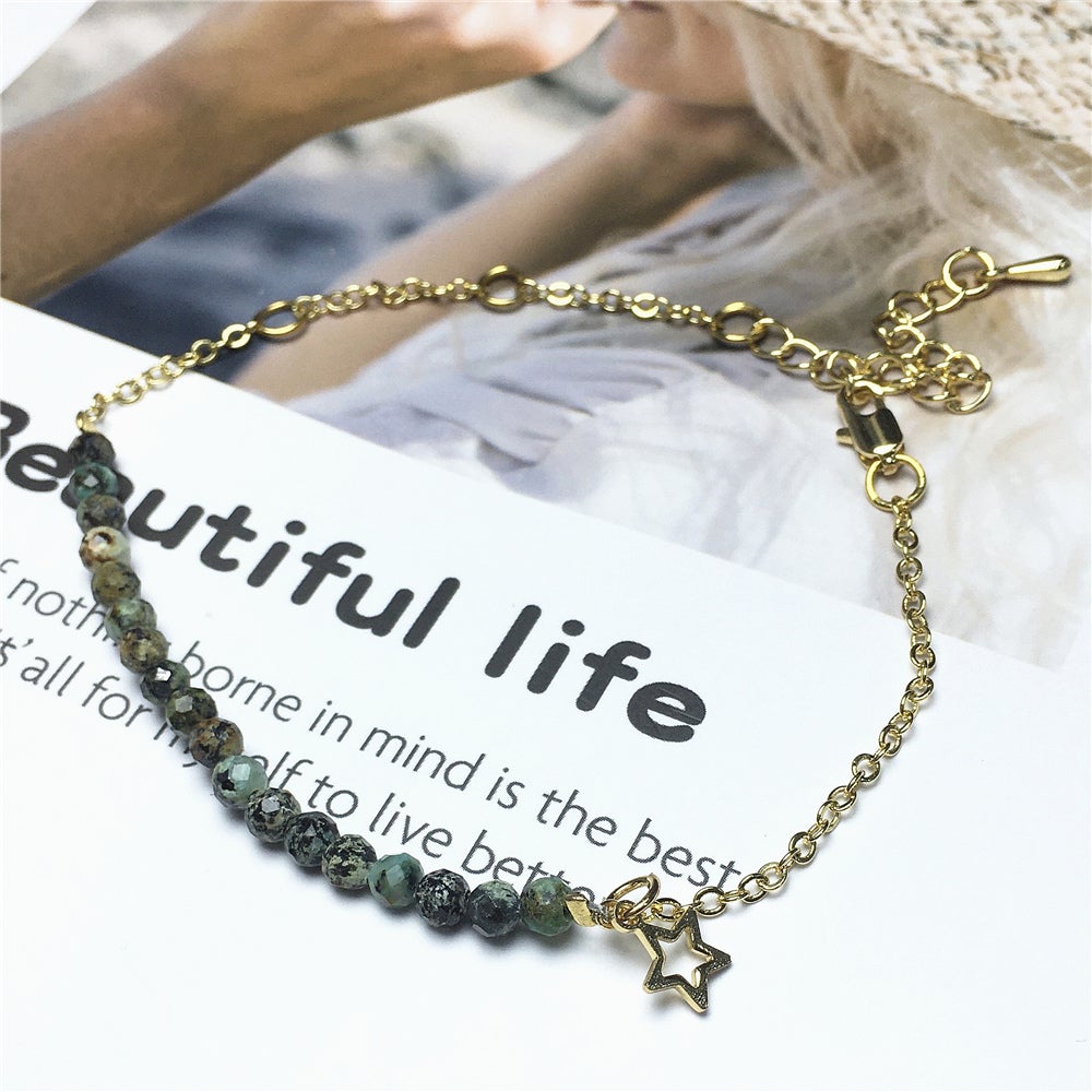 African Turquoise Gemstone Adjustable Bracelet Tiny Beads Gemstone Gold Plated Chain Linked Bracelet for Women