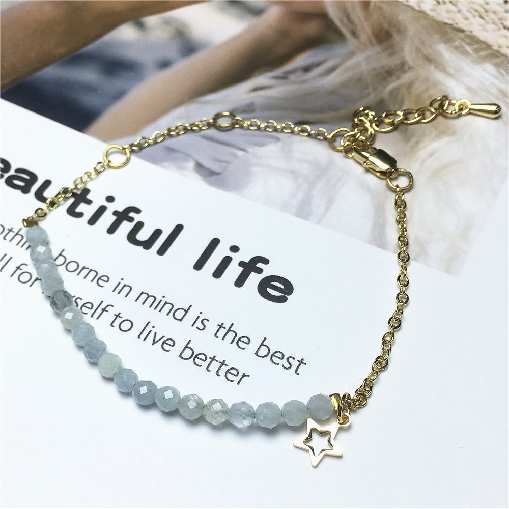 Aquamarine Gemstone Adjustable Bracelet Tiny Beads Gemstone Gold Plated Chain Linked Bracelet for Women