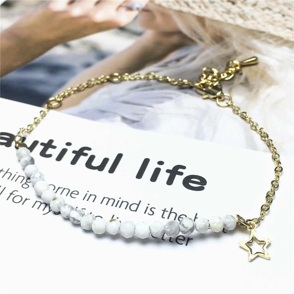 Howlite Gemstone Adjustable Bracelet Tiny Beads Gemstone Gold Plated Chain Linked Bracelet for Women