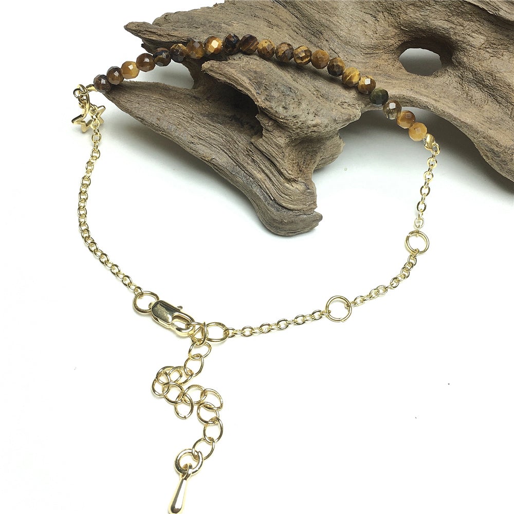 Tiger Eyes Gemstone Adjustable Bracelet Tiny Beads Gemstone Gold Plated Chain Linked Bracelet for Women