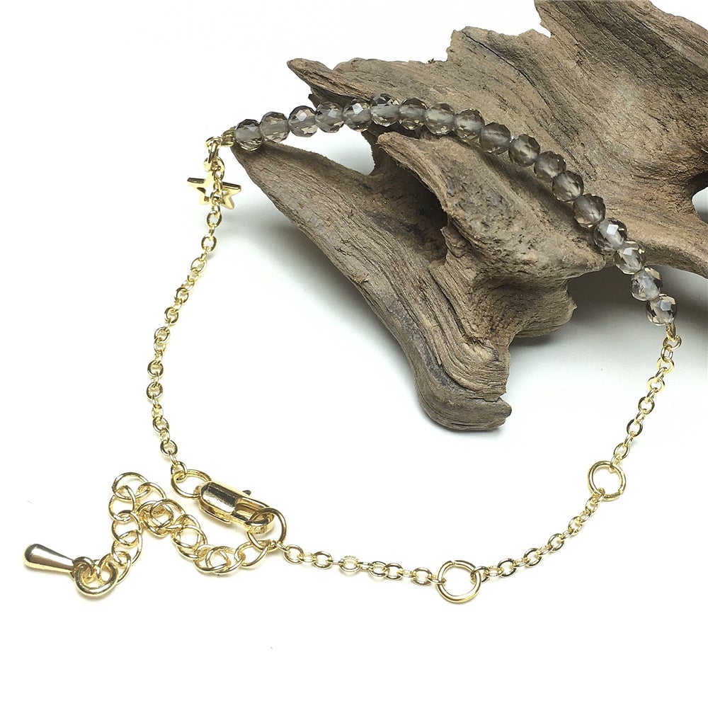 Smoky Quartz Gemstone Adjustable Bracelet Tiny Beads Gemstone Gold Plated Chain Linked Bracelet for Women