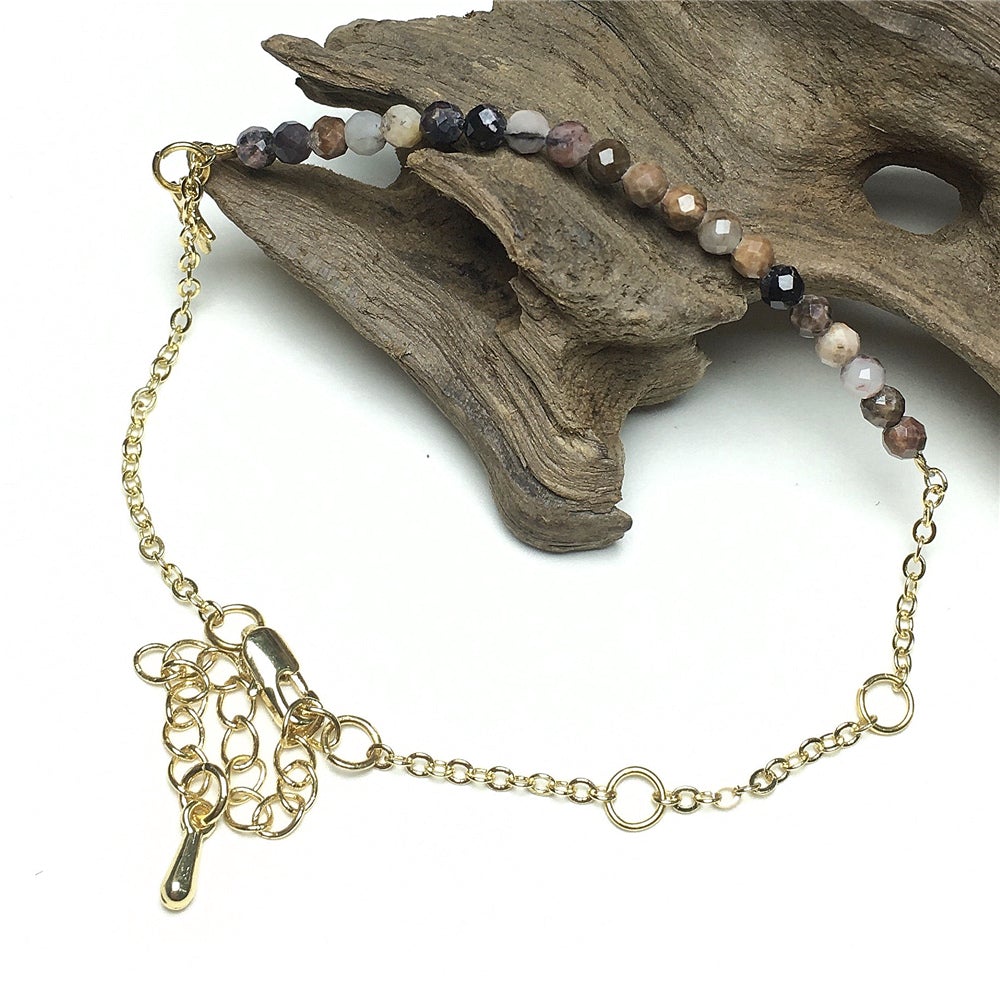 Pink Rhododnite Gemstone Adjustable Bracelet Tiny Beads Gemstone Gold Plated Chain Linked Bracelet for Women