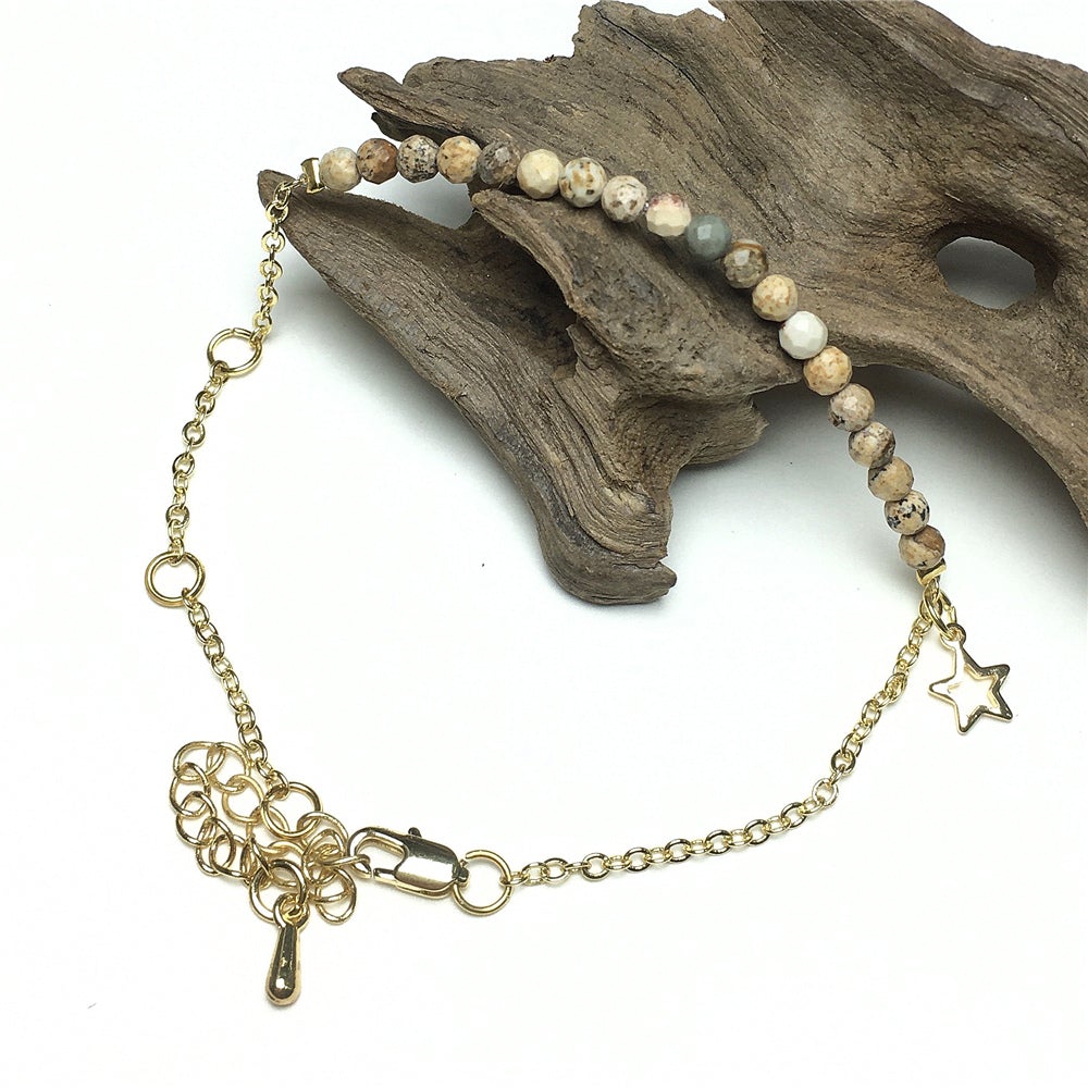 Picture Jasper Gemstone Adjustable Bracelet Tiny Beads Gemstone Gold Plated Chain Linked Bracelet for Women