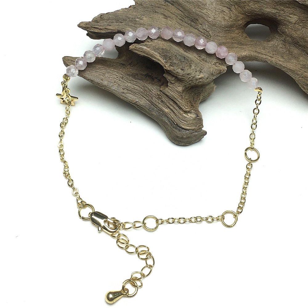 Rose Quartz Gemstone Adjustable Bracelet Tiny Beads Gemstone Gold Plated Chain Linked Bracelet for Women