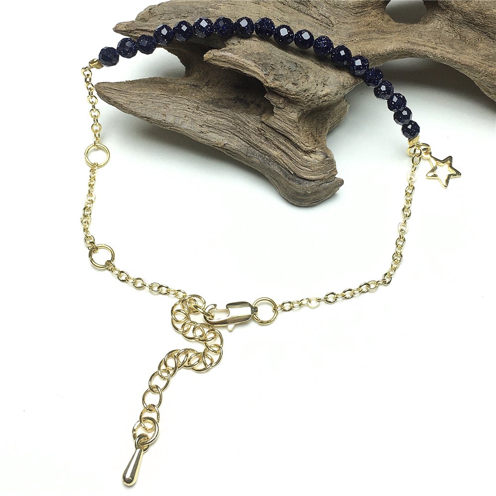 Blue Sandstone Gemstone Adjustable Bracelet Tiny Beads Gemstone Gold Plated Chain Linked Bracelet for Women