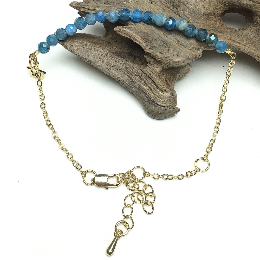 Blue Apatite Gemstone Adjustable Bracelet Tiny Beads Gemstone Gold Plated Chain Linked Bracelet for Women
