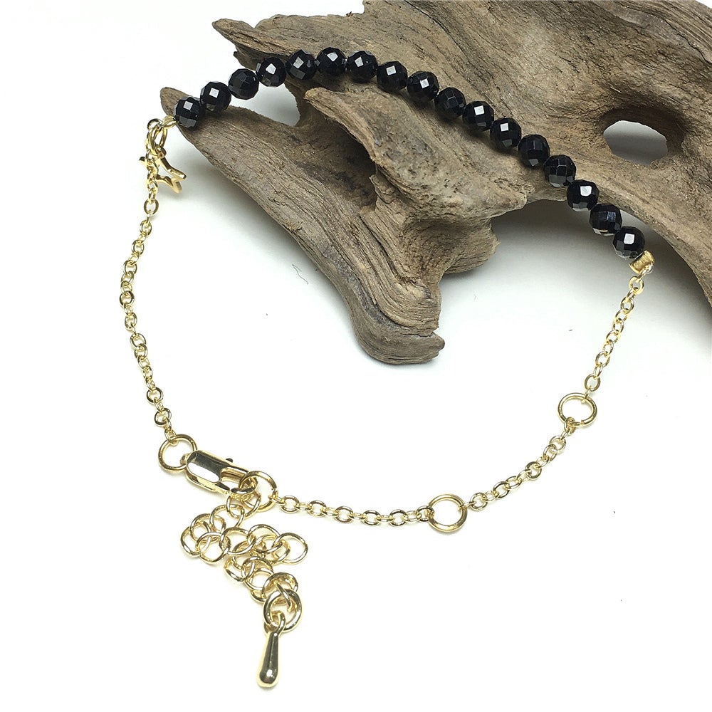 Black Spinel Gemstone Adjustable Bracelet Tiny Beads Gemstone Gold Plated Chain Linked Bracelet for Women