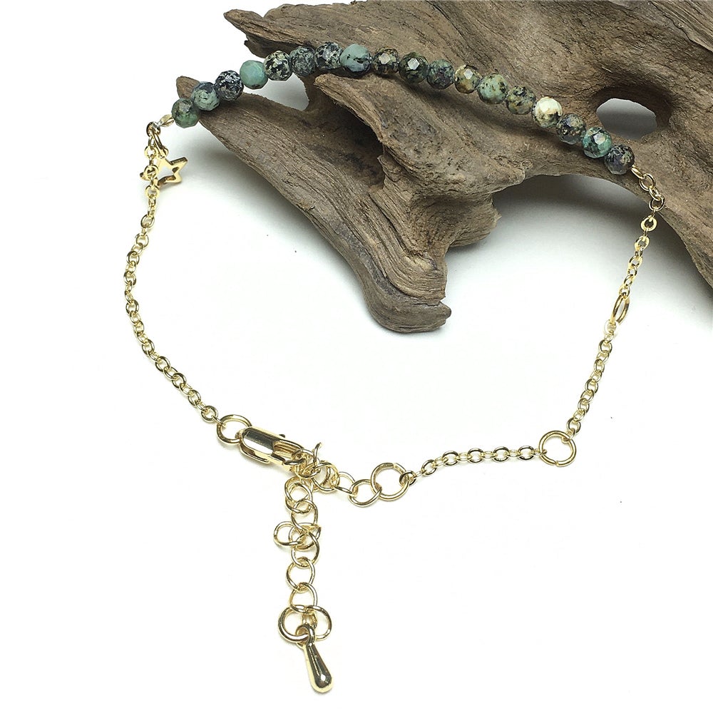 African Turquoise Gemstone Adjustable Bracelet Tiny Beads Gemstone Gold Plated Chain Linked Bracelet for Women