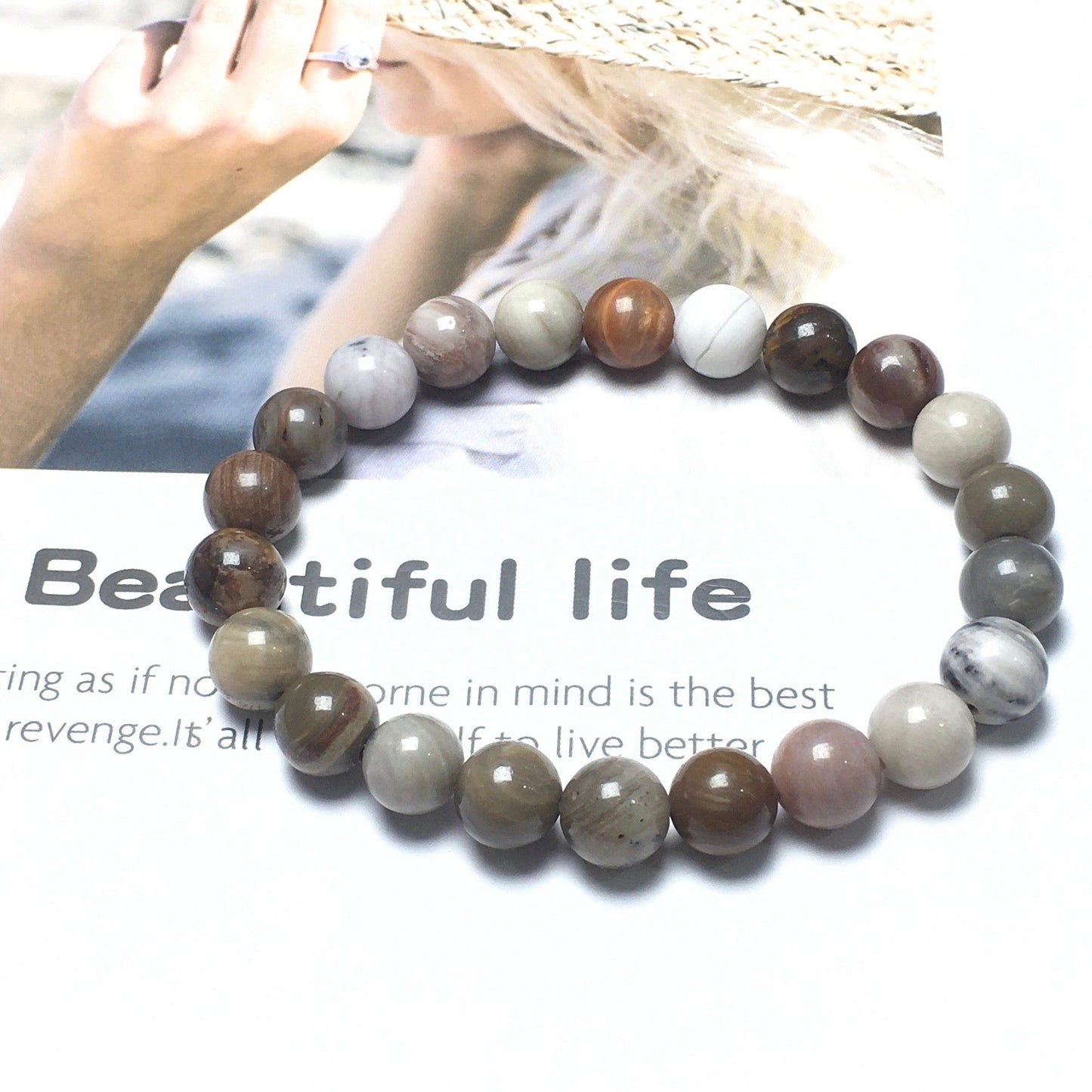 Wood Fossil Stone Gemstone Round Beaded Stone Bracelet