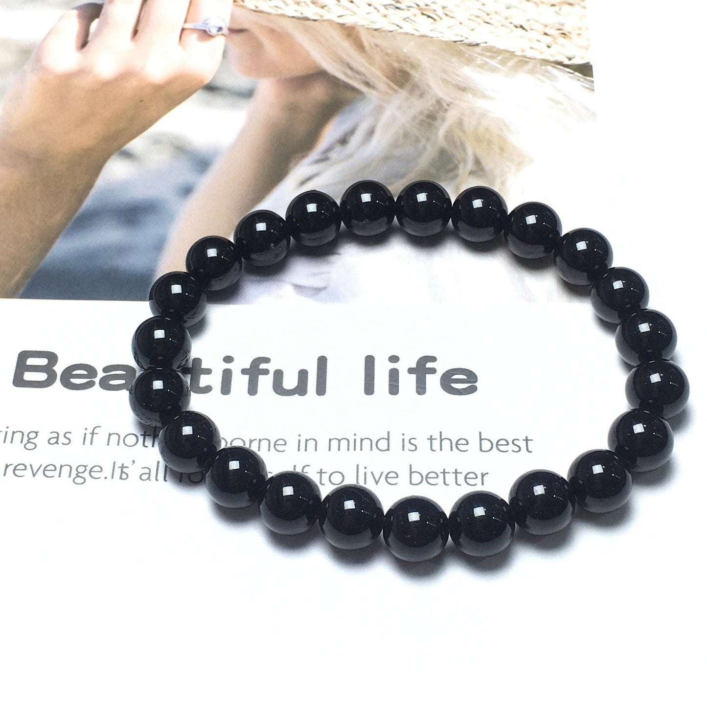 Natural Black Onyx GemstoneBeads Handmade Stretchy Bracelet