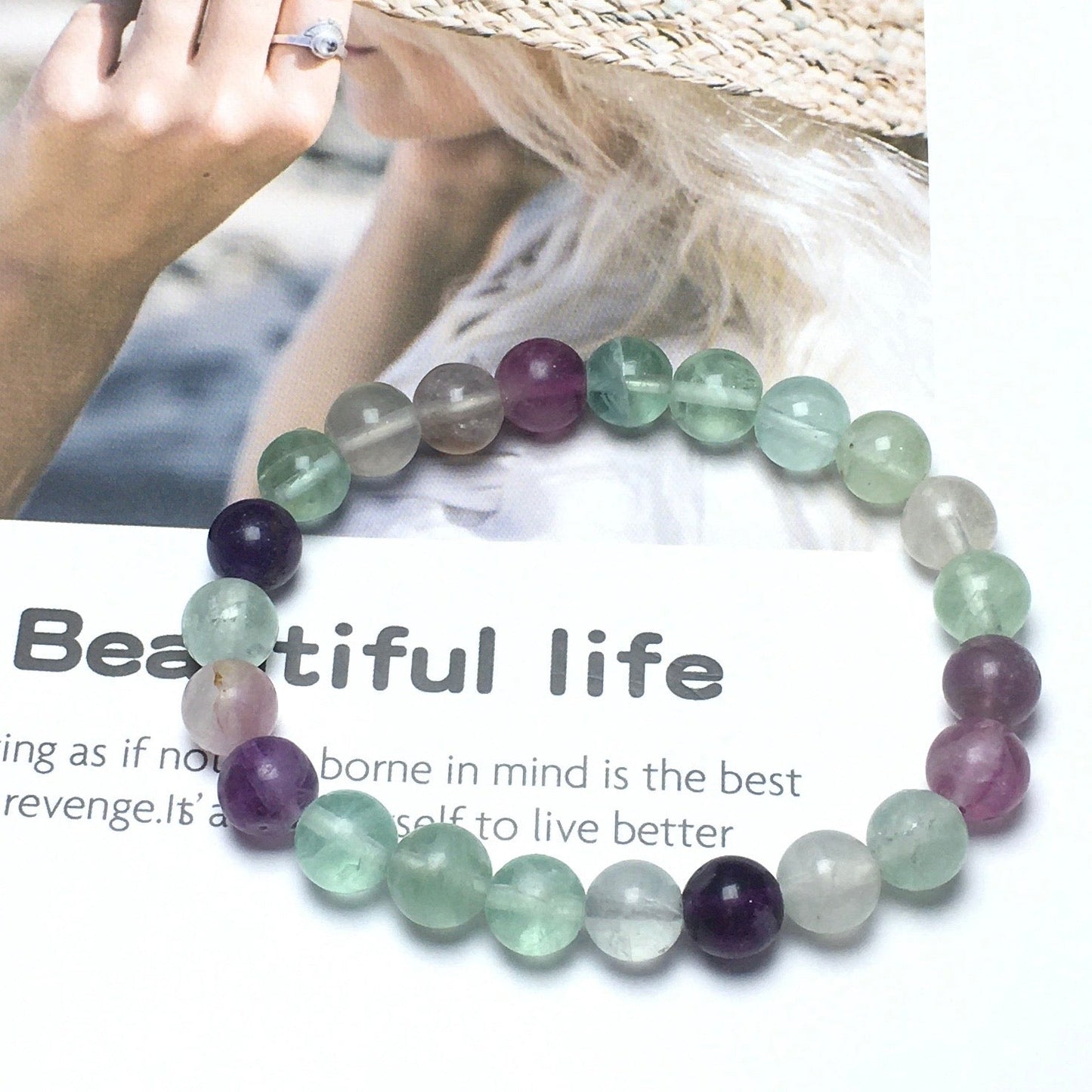 Genuine Fluorite Gemstone Round Beaded Stone Bracelet