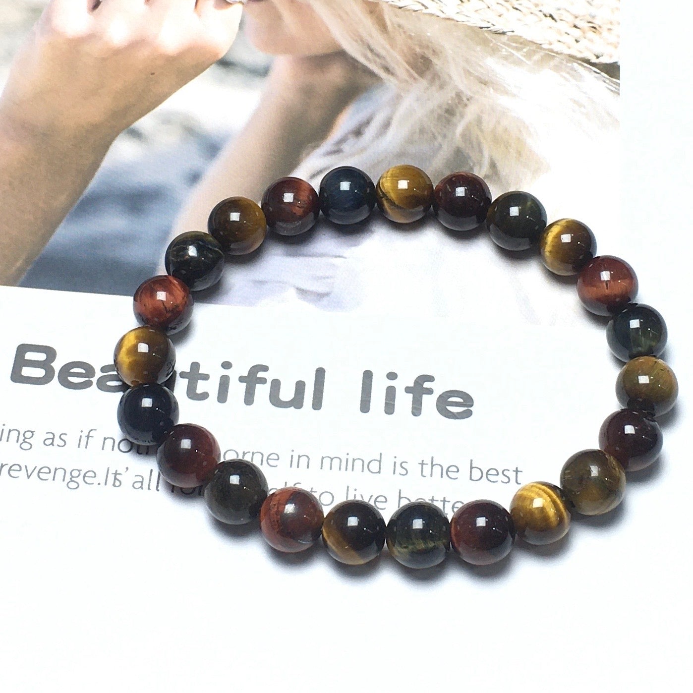Genuine Colorful Tigereye Gemstone Round Beaded Stone Bracelet