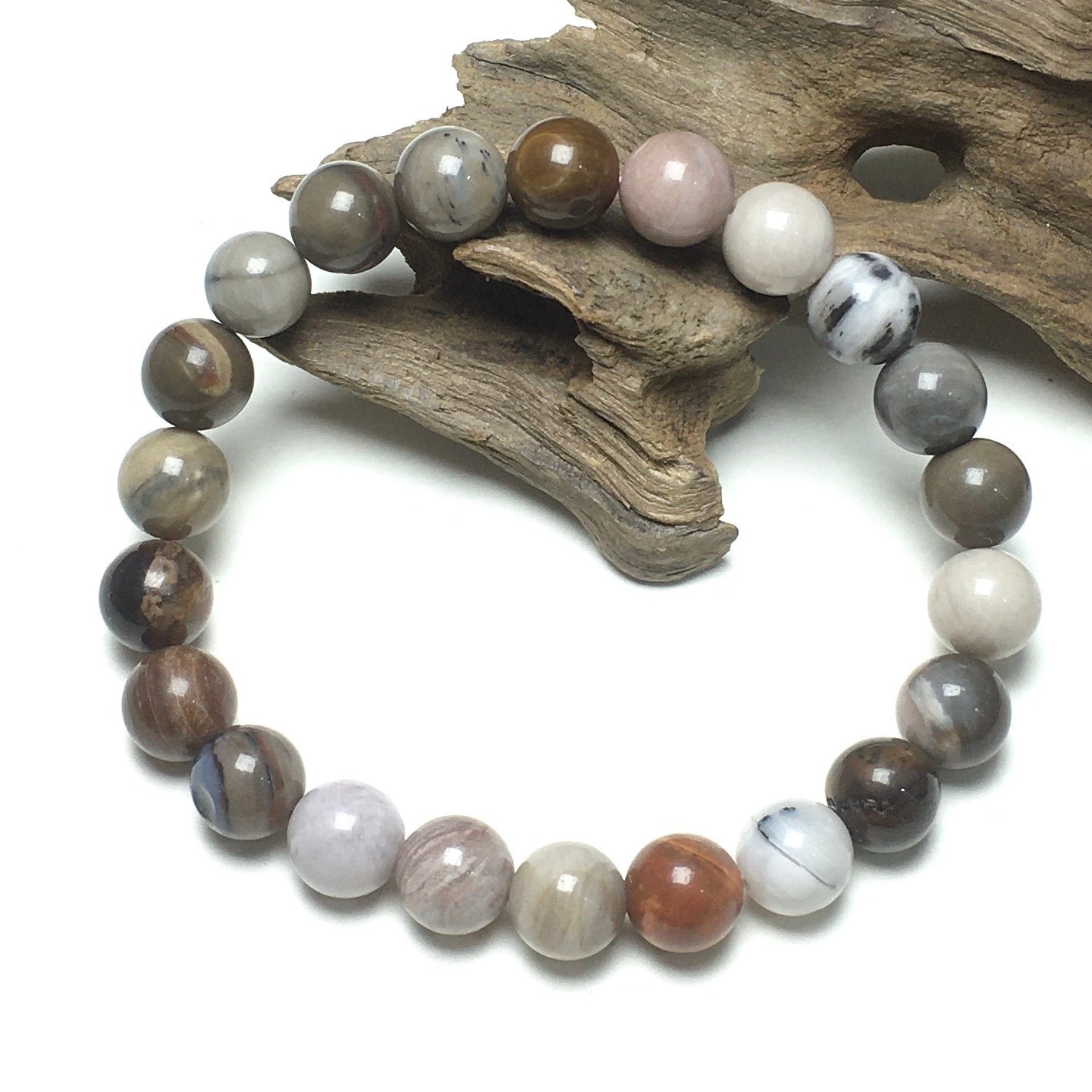 Wood Fossil Stone Gemstone Round Beaded Stone Bracelet