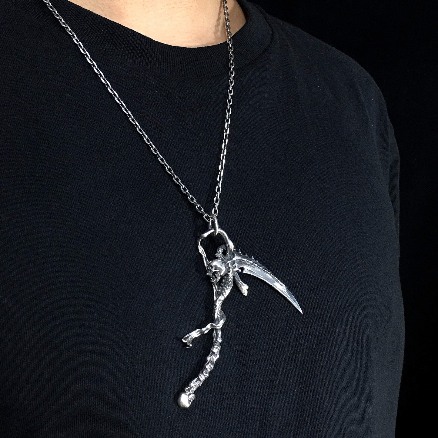 Huge Heavy 925 Sterling Silver Grim Reaper Skull Sickle Scythe Men's Pendant