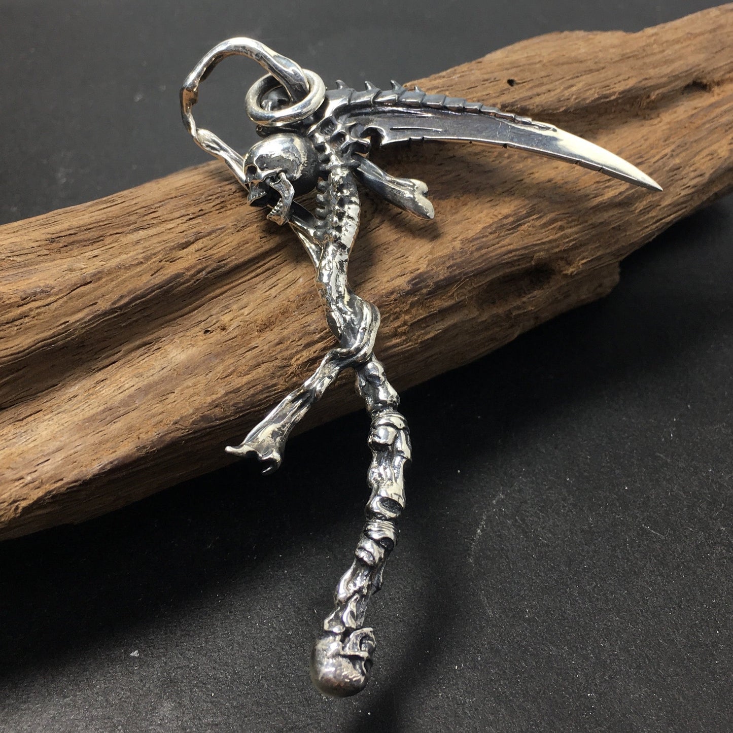 Huge Heavy 925 Sterling Silver Grim Reaper Skull Sickle Scythe Men's Pendant