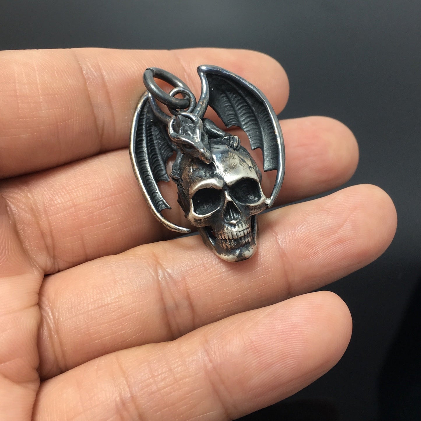 Dragon Skull Silver Pendant Oxidized Unisex Dragon Skull Pendant Jewelry