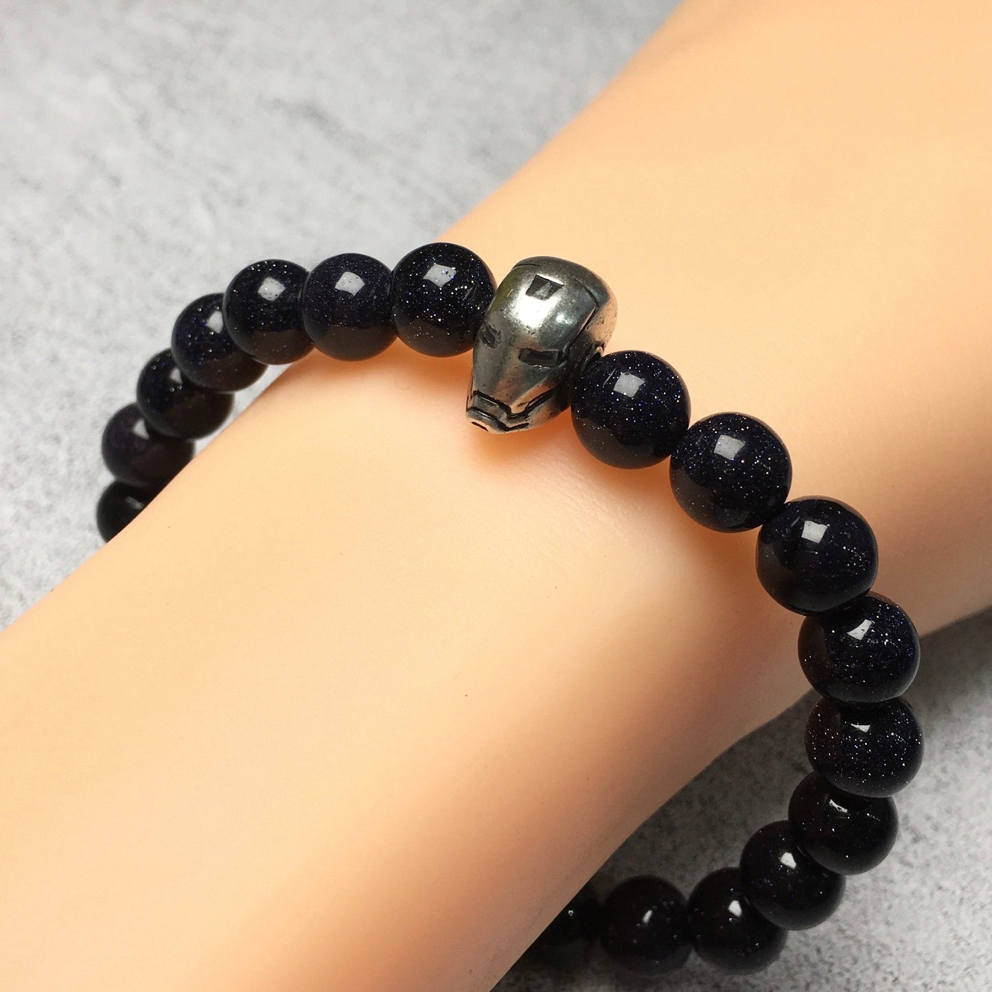 Blue Sandstone Beads with Super Hero Iron Man Bracelet Elastic Handmade Jewelry Accessories