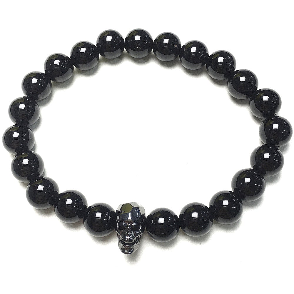 Black Only Gemstone Skull Pendant Handmade Beaded Bracelet
