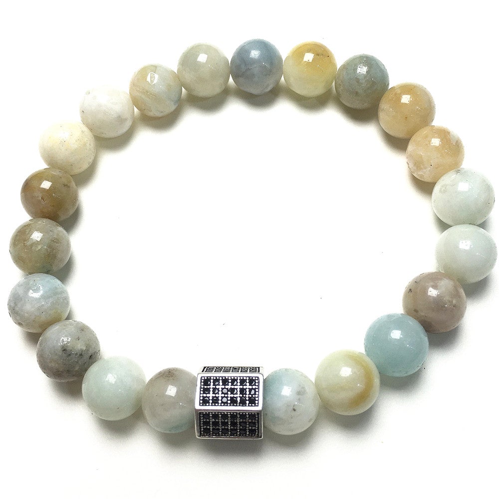 Amazonite Stone Beads with Black Striped CZ Charms Elastic Rope Handmade Bracelets