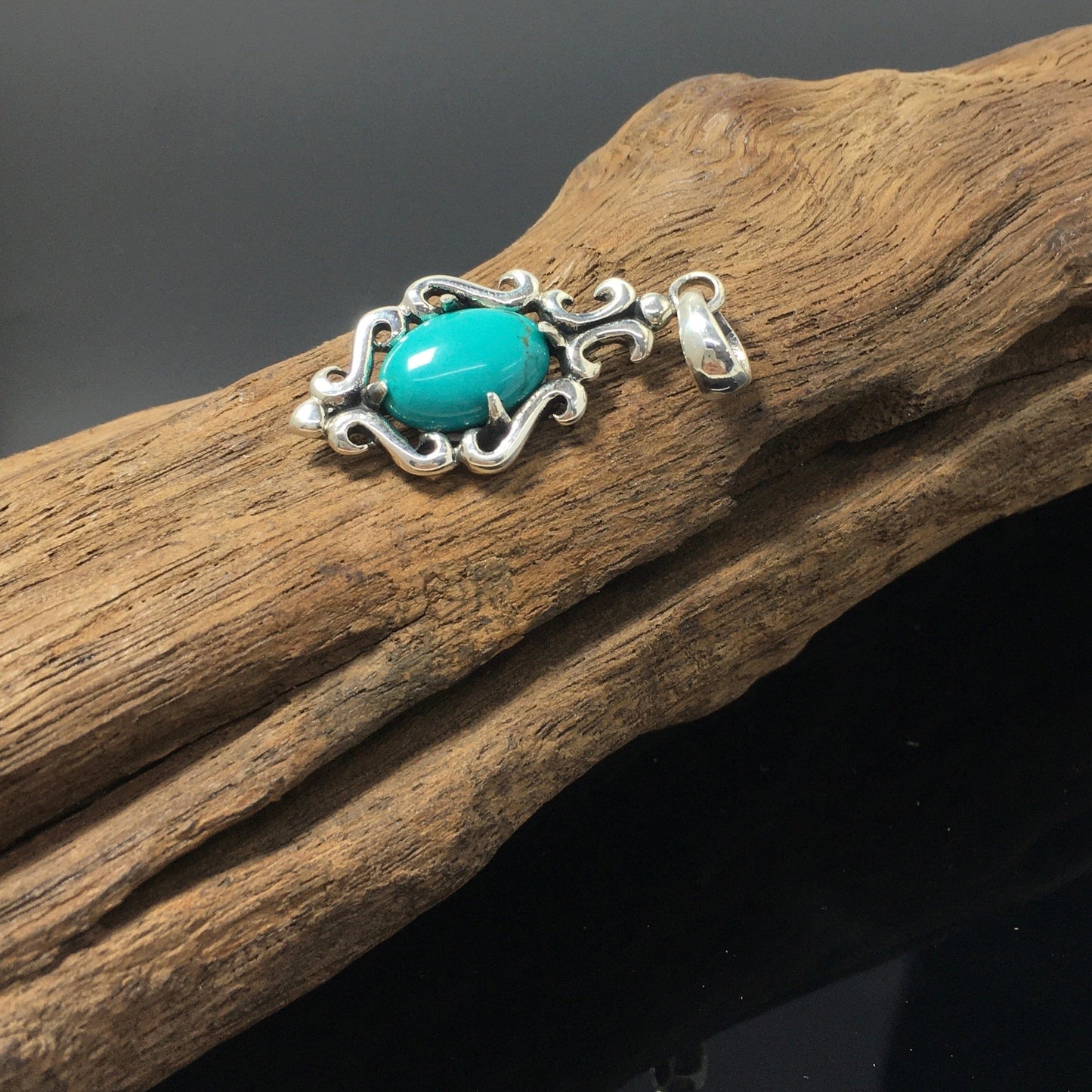 Floral Pattern Sterling Silver Oval Turquoise Pendant