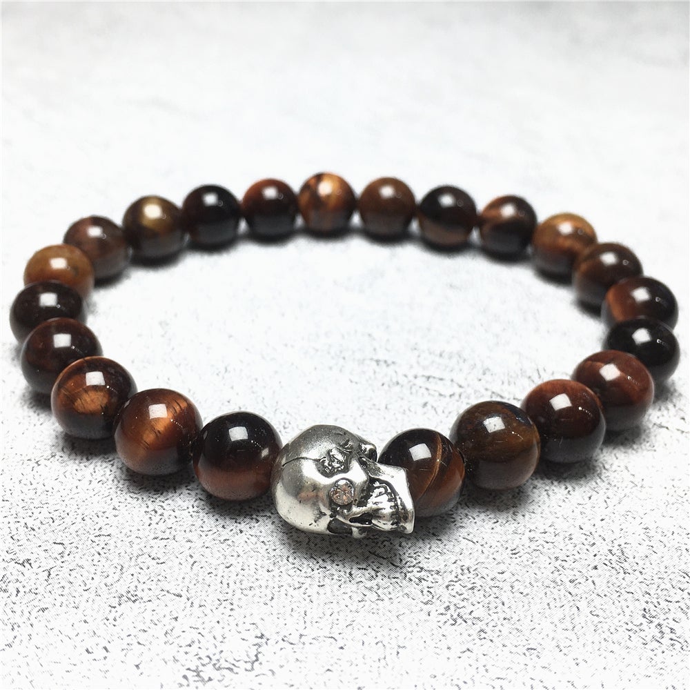 Bold Skull Red Tiger Eye Handmade Gemstone Crystal Bracelet