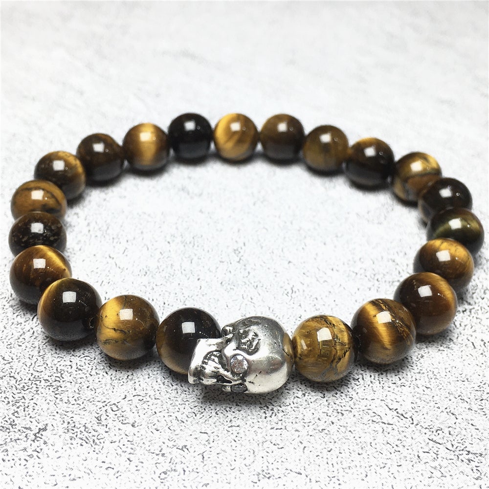 Bold Skull Tiger Eye Handmade Gemstone Crystal Bracelet