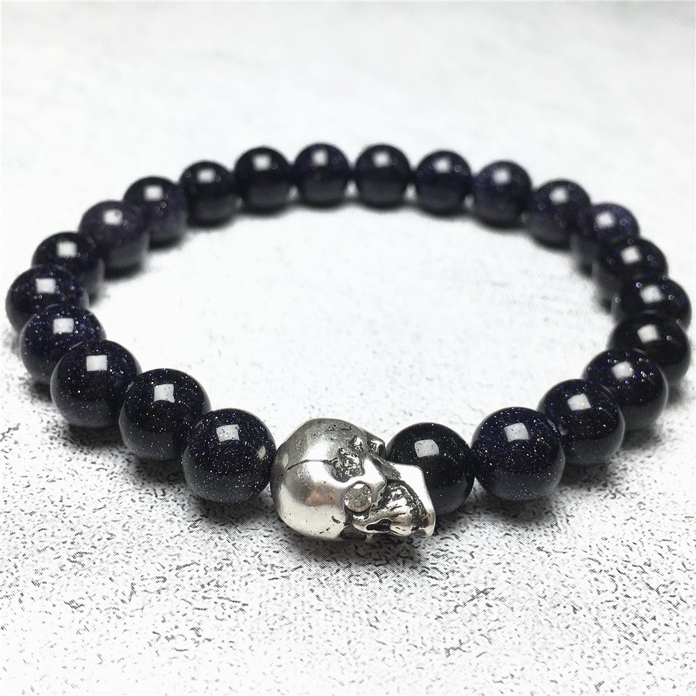 Blue Sandstone Gemstone Bold Skull Bracelet Women Men Beaded Stretch Bracelet Jewelry