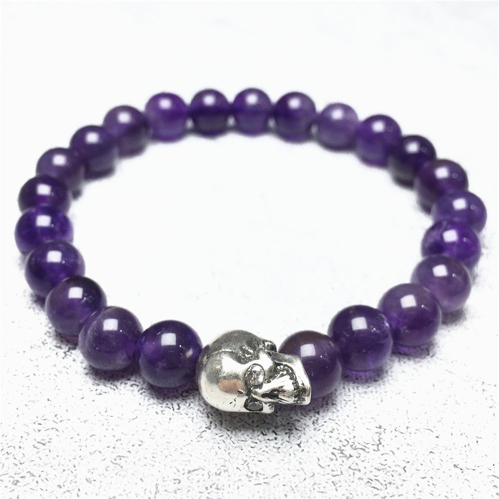 Bold Skull Amethyst Handmade Gemstone Crystal Bracelet