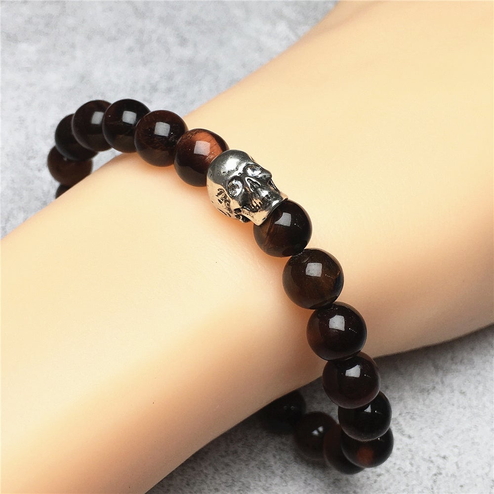 Bold Skull Red Tiger Eye Handmade Gemstone Crystal Bracelet