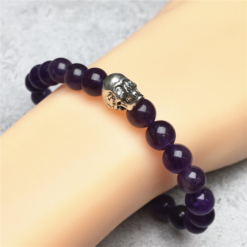 Bold Skull Amethyst Handmade Gemstone Crystal Bracelet