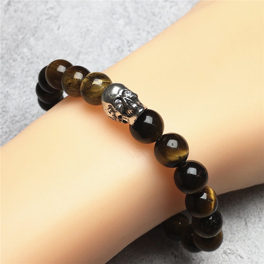 Bold Skull Tiger Eye Handmade Gemstone Crystal Bracelet