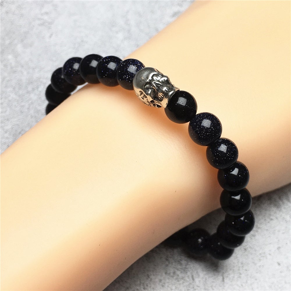 Blue Sandstone Gemstone Bold Skull Bracelet Women Men Beaded Stretch Bracelet Jewelry