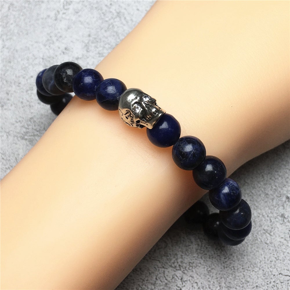 Gemstone Bold Skull Bracelet Women Men Beaded Stretch Bracelet Jewelry