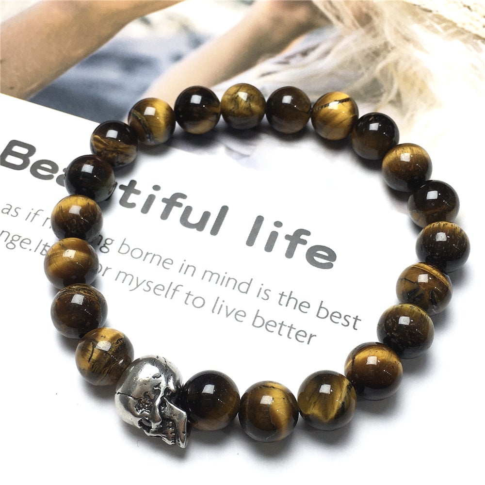 Bold Skull Tiger Eye Handmade Gemstone Crystal Bracelet