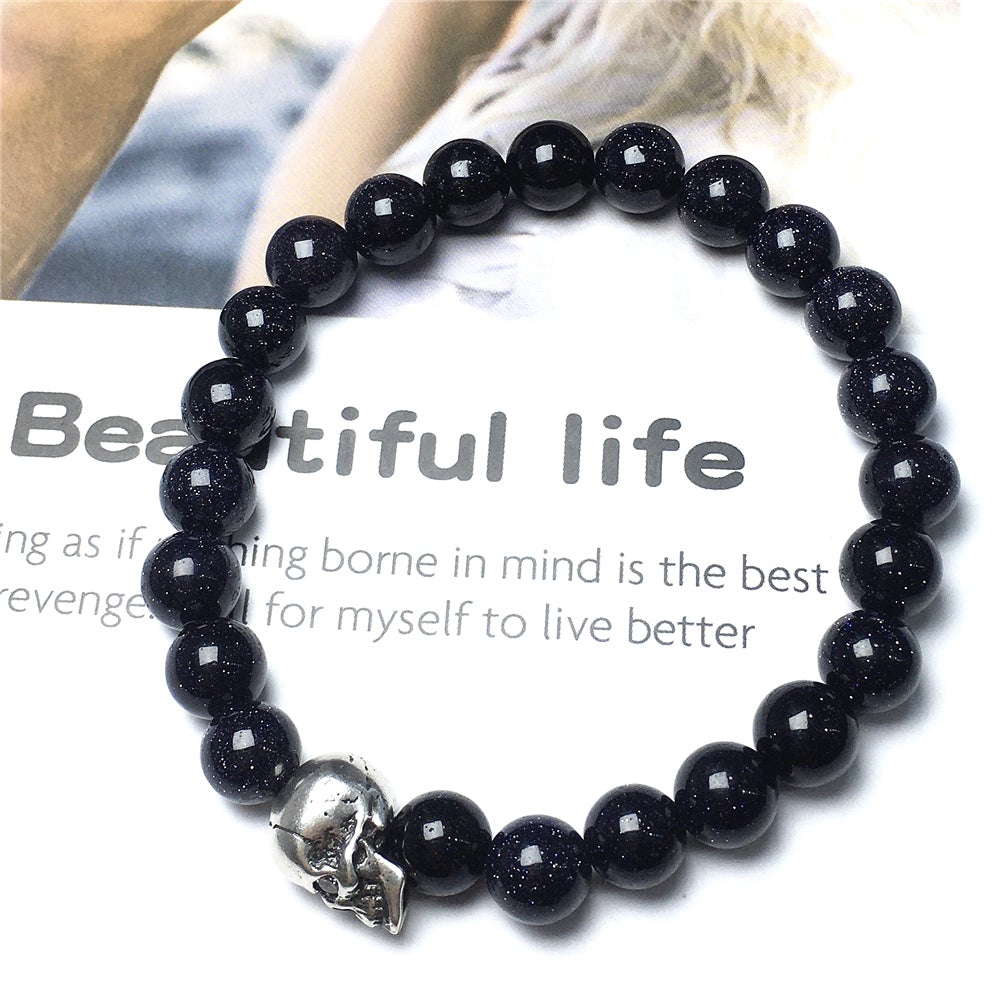 Blue Sandstone Gemstone Bold Skull Bracelet Women Men Beaded Stretch Bracelet Jewelry