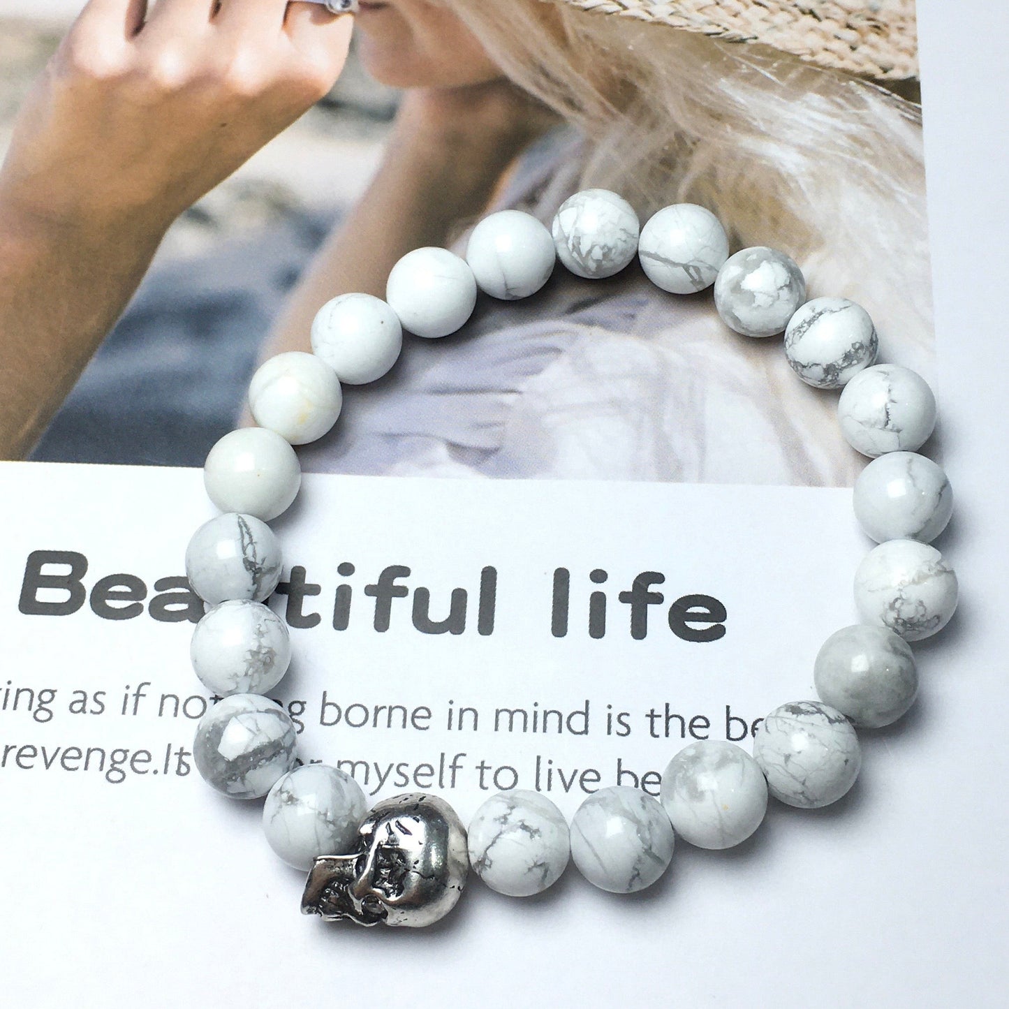 Howlite Gemstone Bold Skull Bracelet Women Men Beaded Stretch Bracelet Jewelry