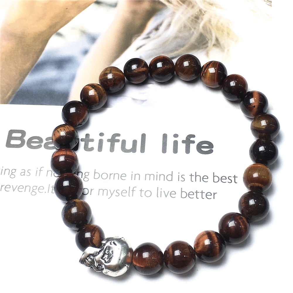 Bold Skull Red Tiger Eye Handmade Gemstone Crystal Bracelet