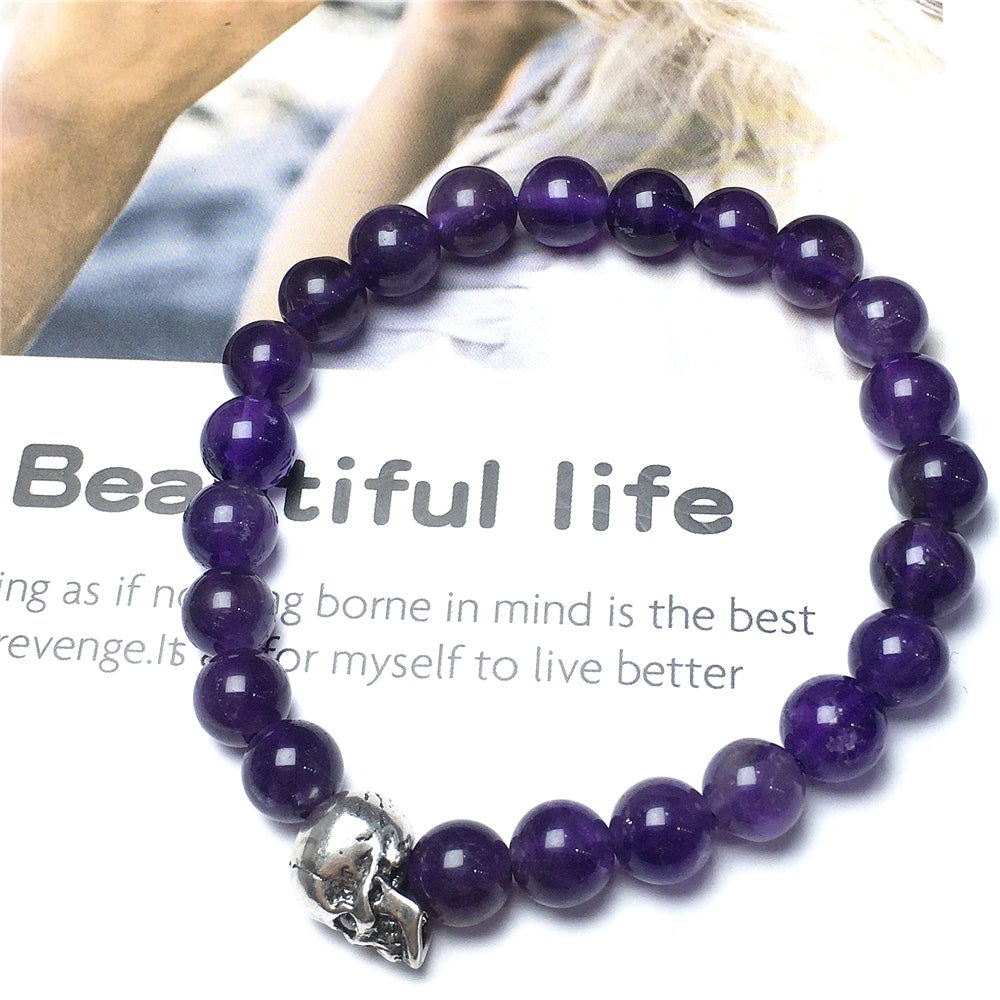 Bold Skull Amethyst Handmade Gemstone Crystal Bracelet