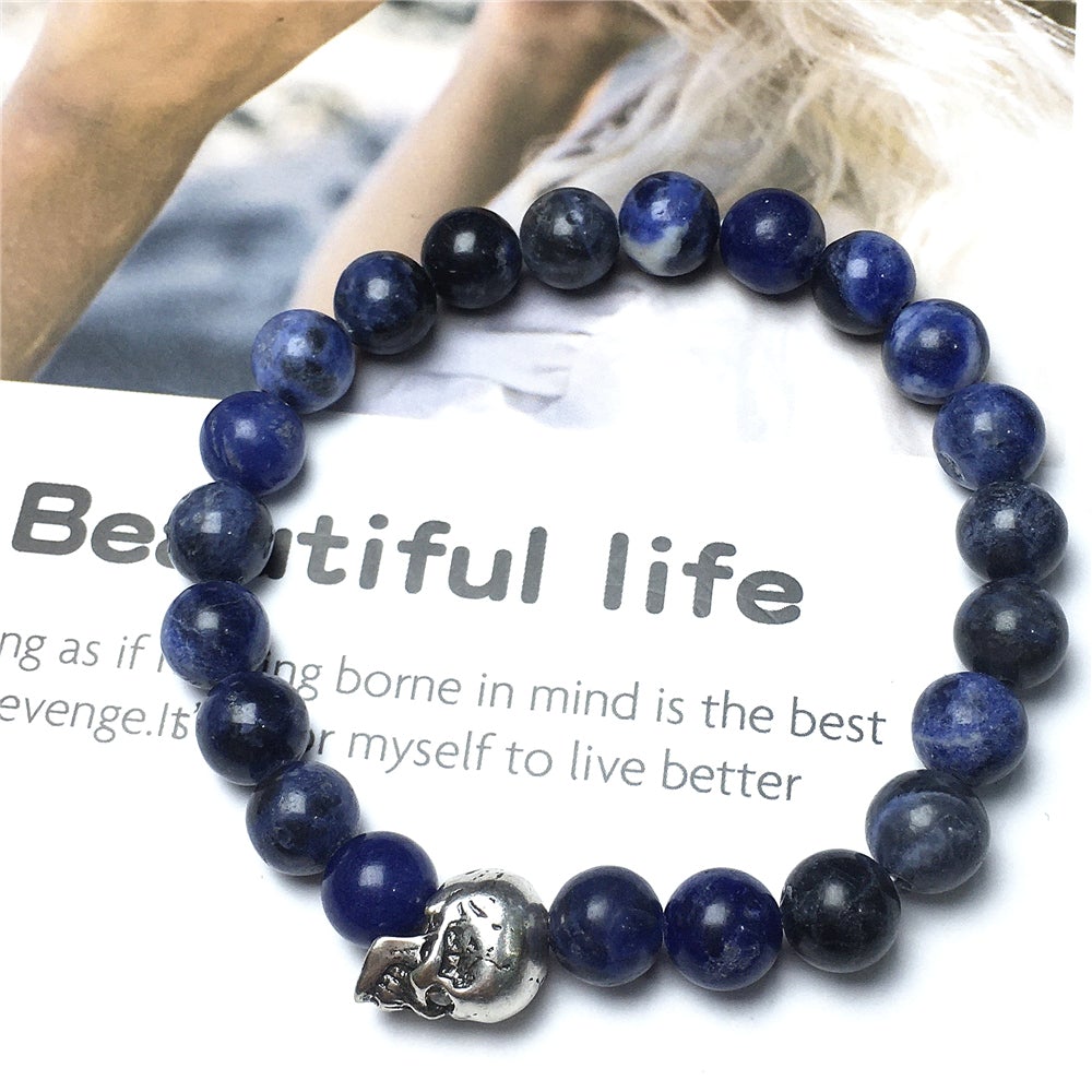 Gemstone Bold Skull Bracelet Women Men Beaded Stretch Bracelet Jewelry