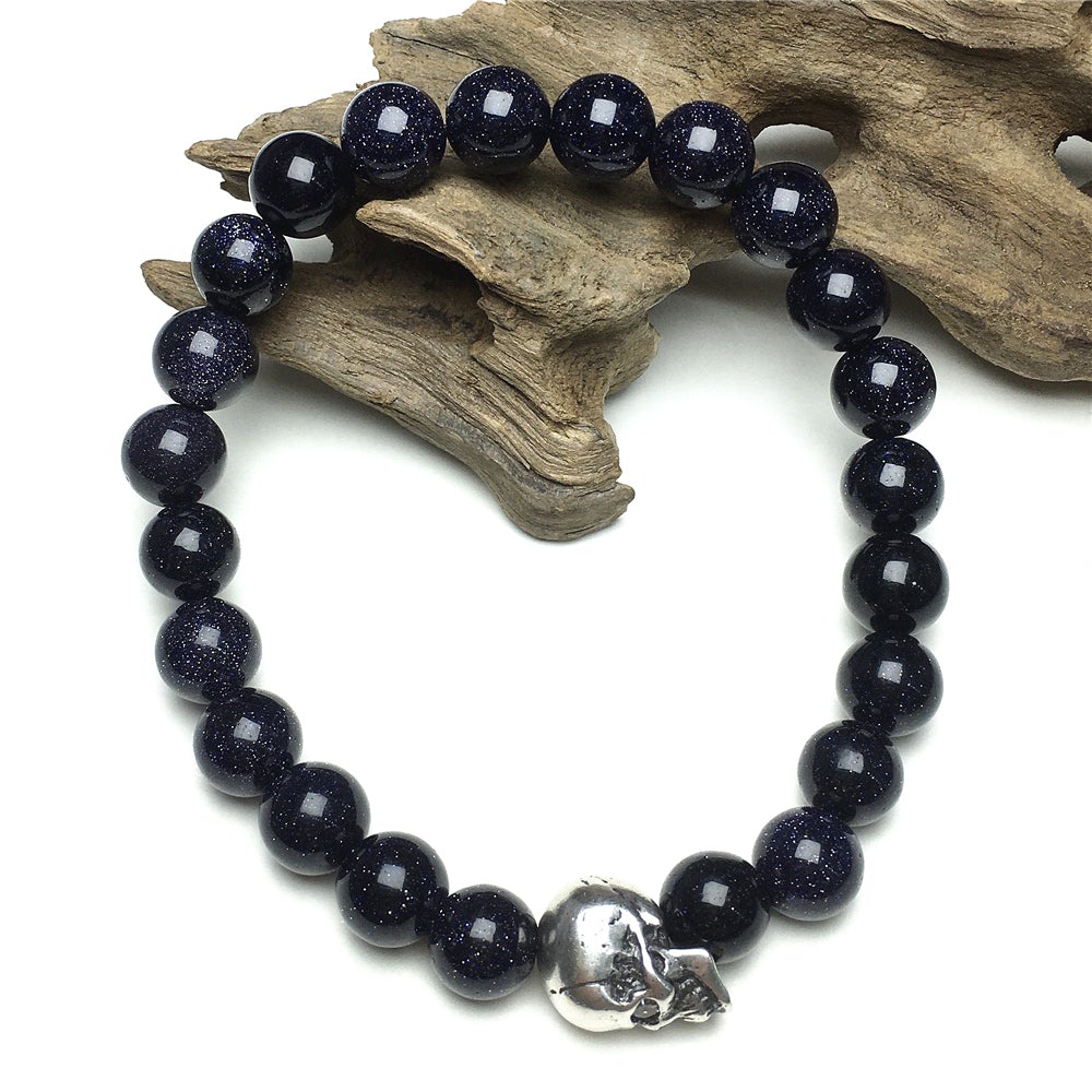 Blue Sandstone Gemstone Bold Skull Bracelet Women Men Beaded Stretch Bracelet Jewelry