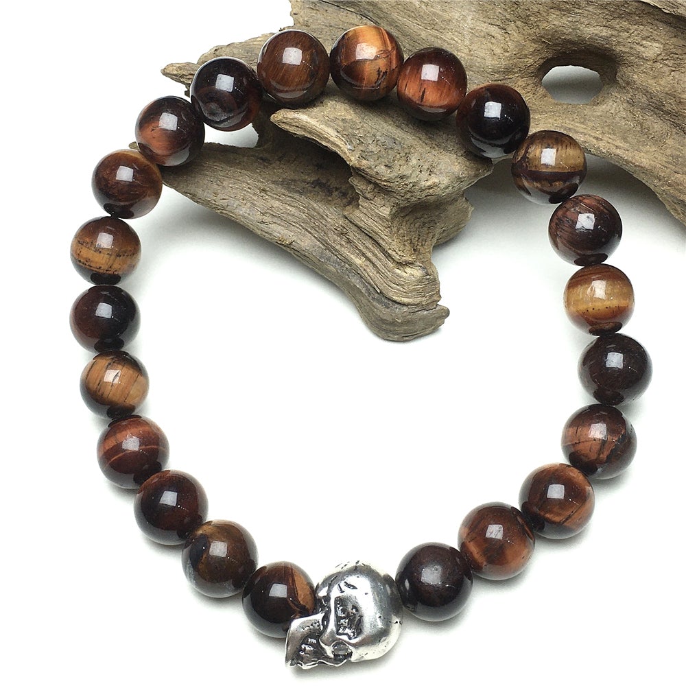 Bold Skull Red Tiger Eye Handmade Gemstone Crystal Bracelet