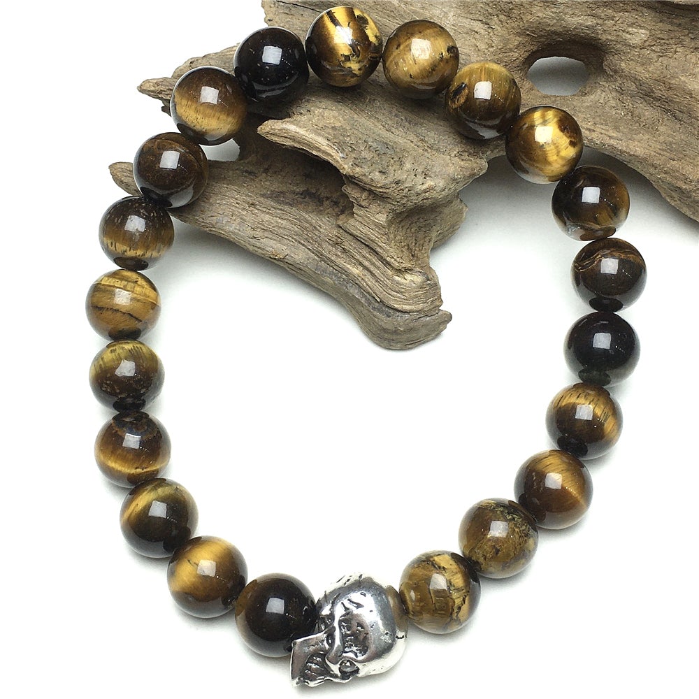 Bold Skull Tiger Eye Handmade Gemstone Crystal Bracelet