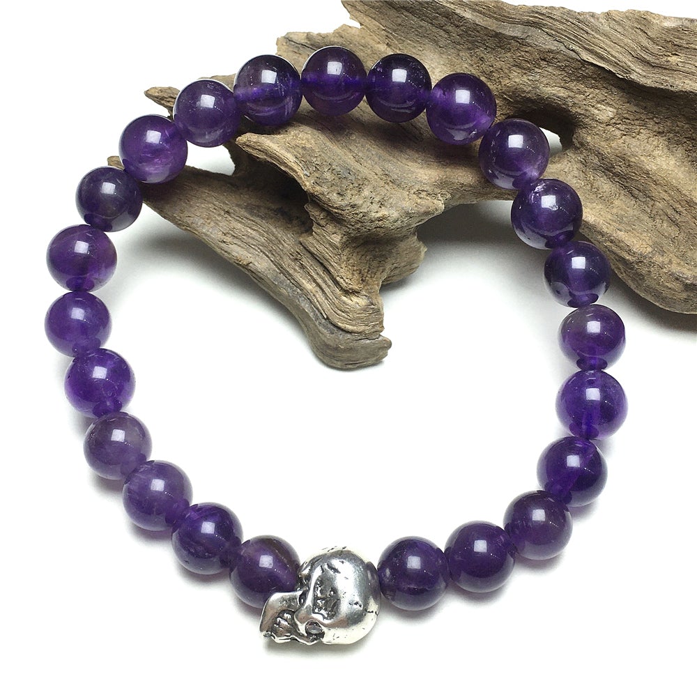 Bold Skull Amethyst Handmade Gemstone Crystal Bracelet