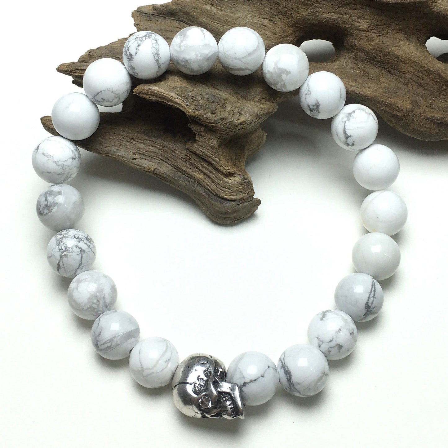 Howlite Gemstone Bold Skull Bracelet Women Men Beaded Stretch Bracelet Jewelry
