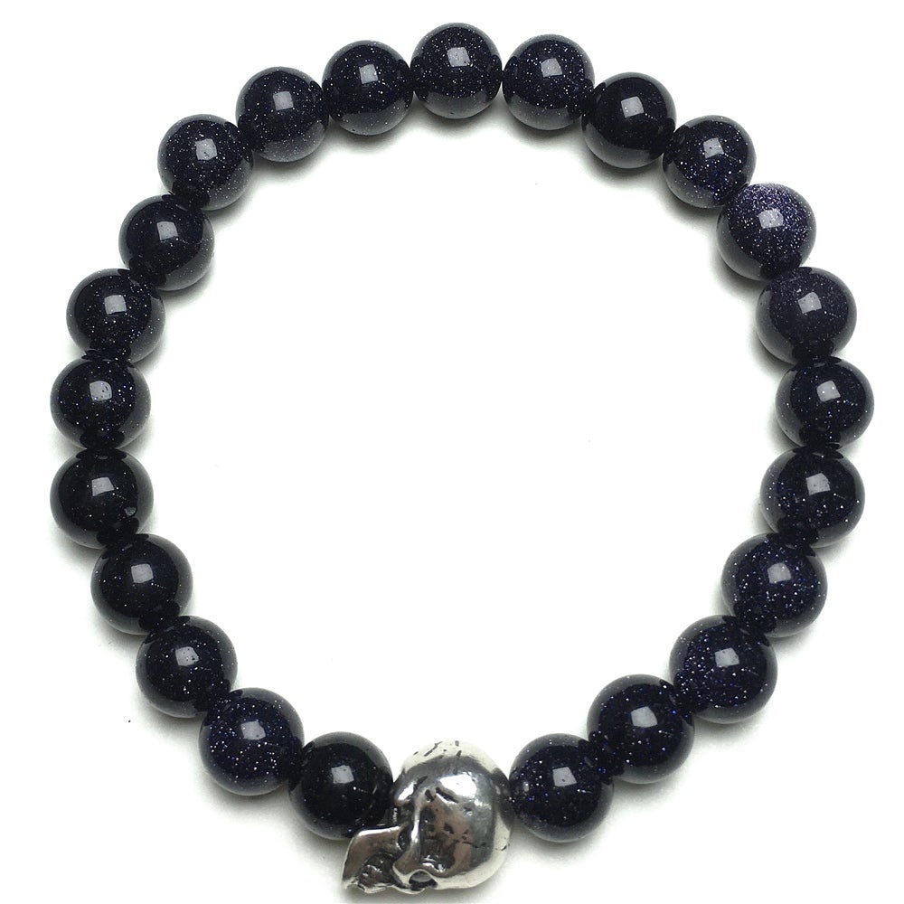 Blue Sandstone Gemstone Bold Skull Bracelet Women Men Beaded Stretch Bracelet Jewelry